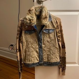 Desigual Eloise Denim & Cord Jacket Knit Arms Fur Collar